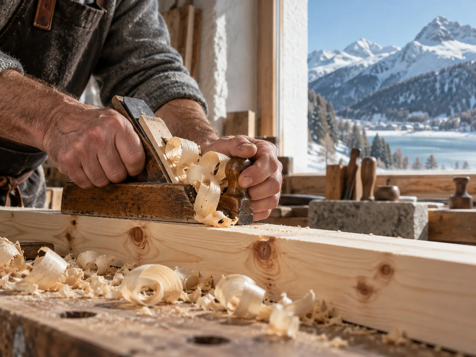 A carpenter planing a board of stone pine, pale shavings on the bench
