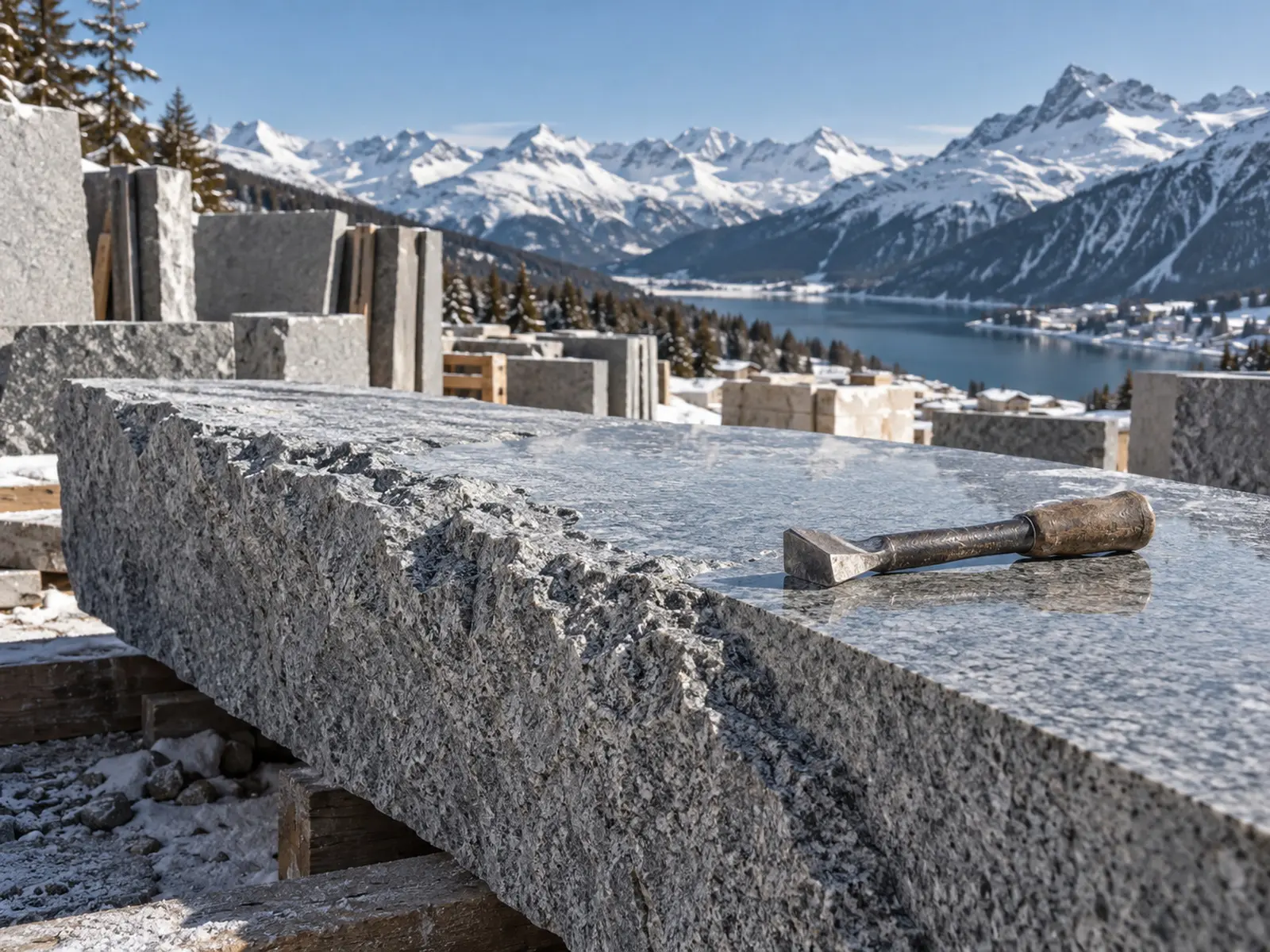 Grey granite slabs, one split and rough, one polished