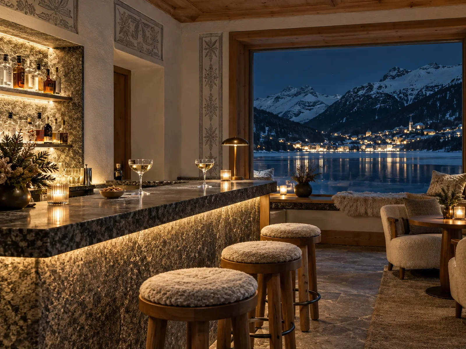 Bar 1822 at night, the lake and town lights beyond