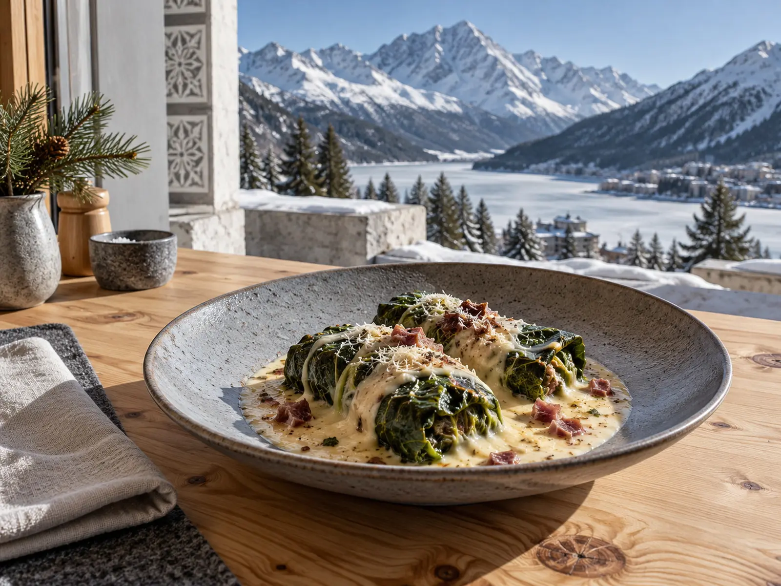Capuns in a creamy broth with melted cheese
