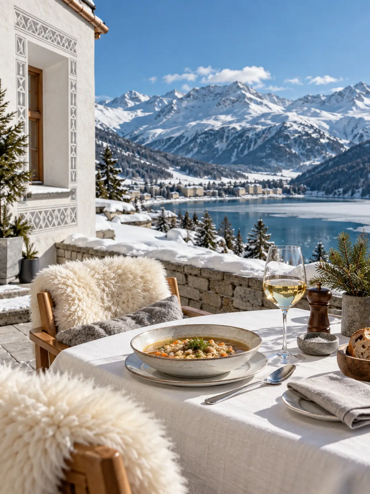 Barley soup and white wine on the sunny terrace, peaks behind