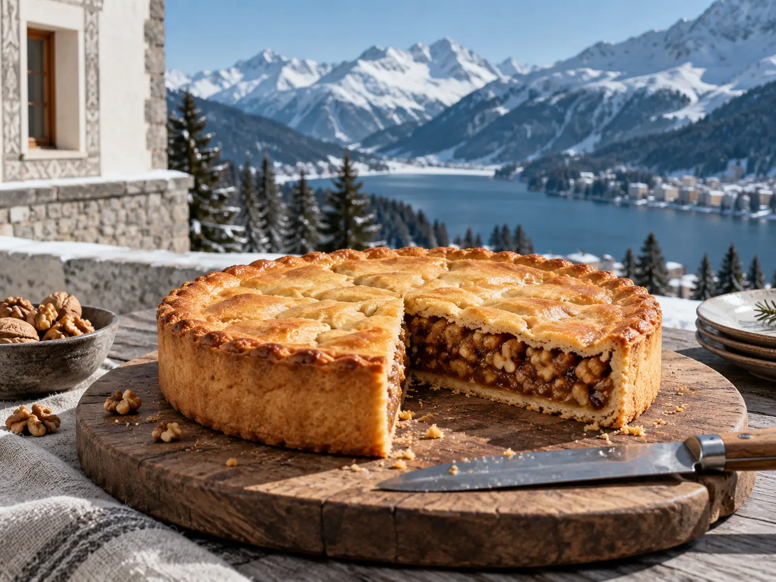 A whole Engadiner Nusstorte with one slice cut
