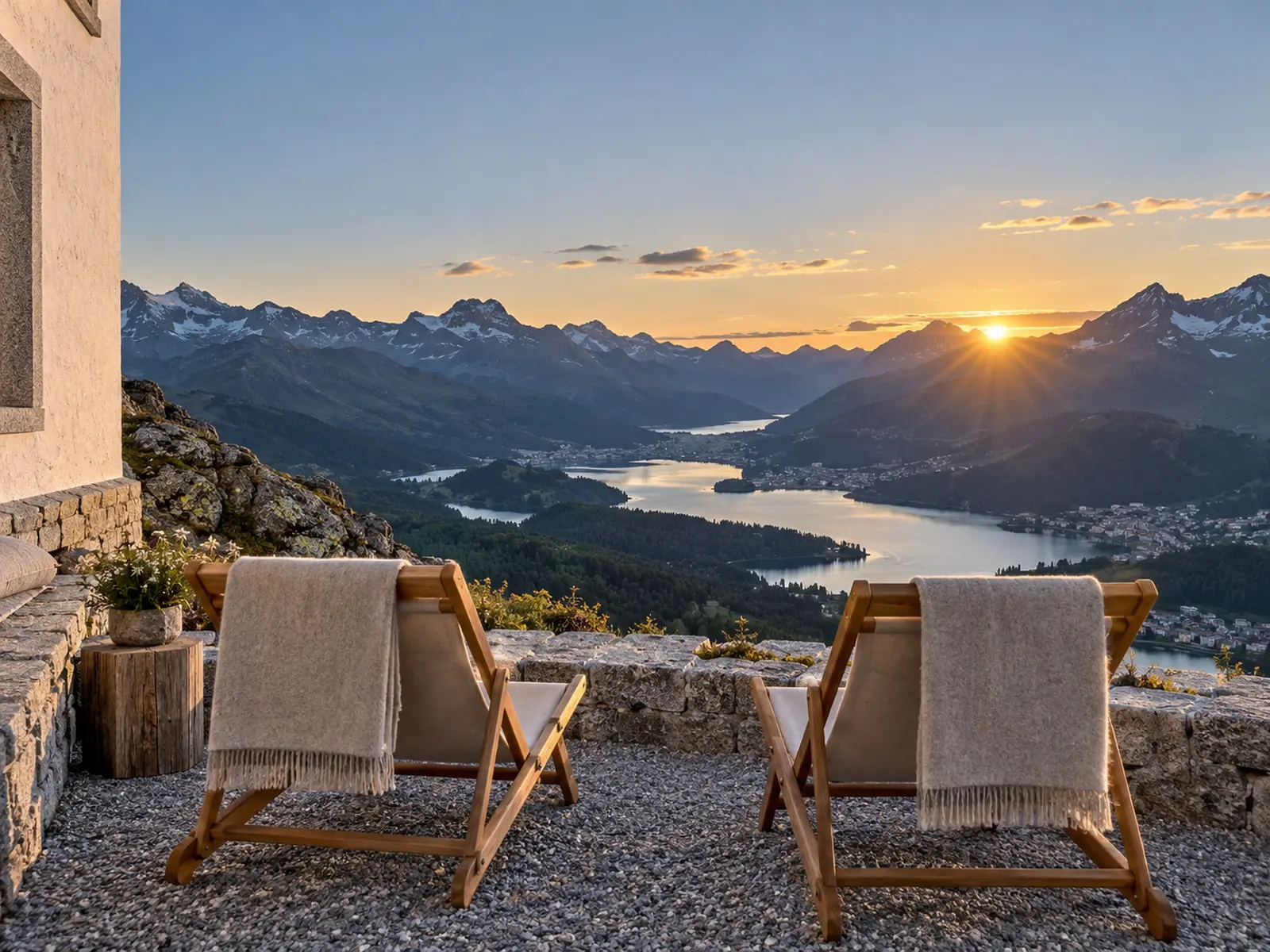 Two deckchairs facing the lakes at sunset on Muottas Muragl