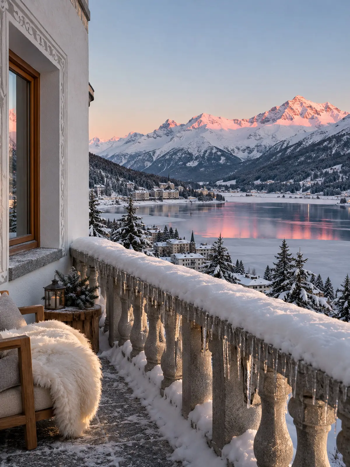 A snowy balcony rail at golden hour, the peaks turning pink