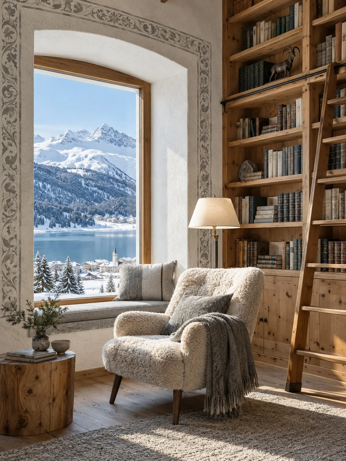 The library corner with a ladder and a reading chair