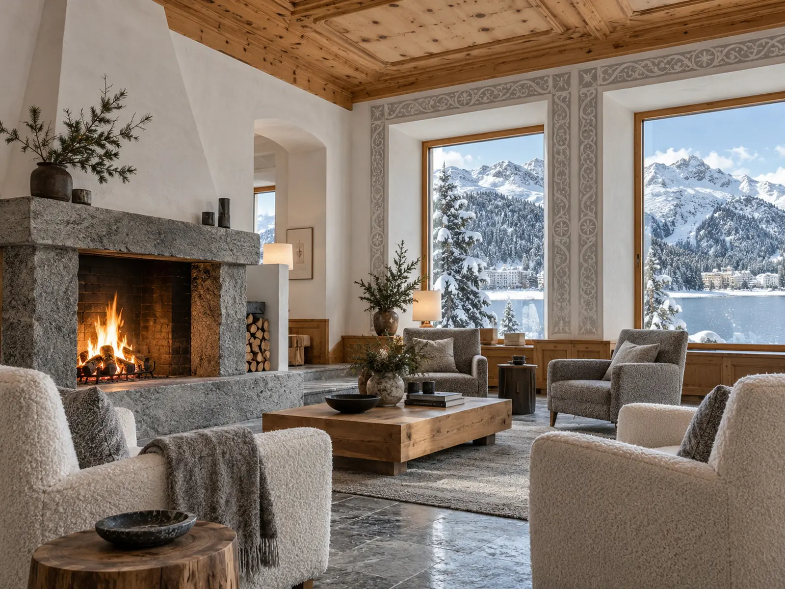 The stone-pine lobby with an open fire and wool armchairs