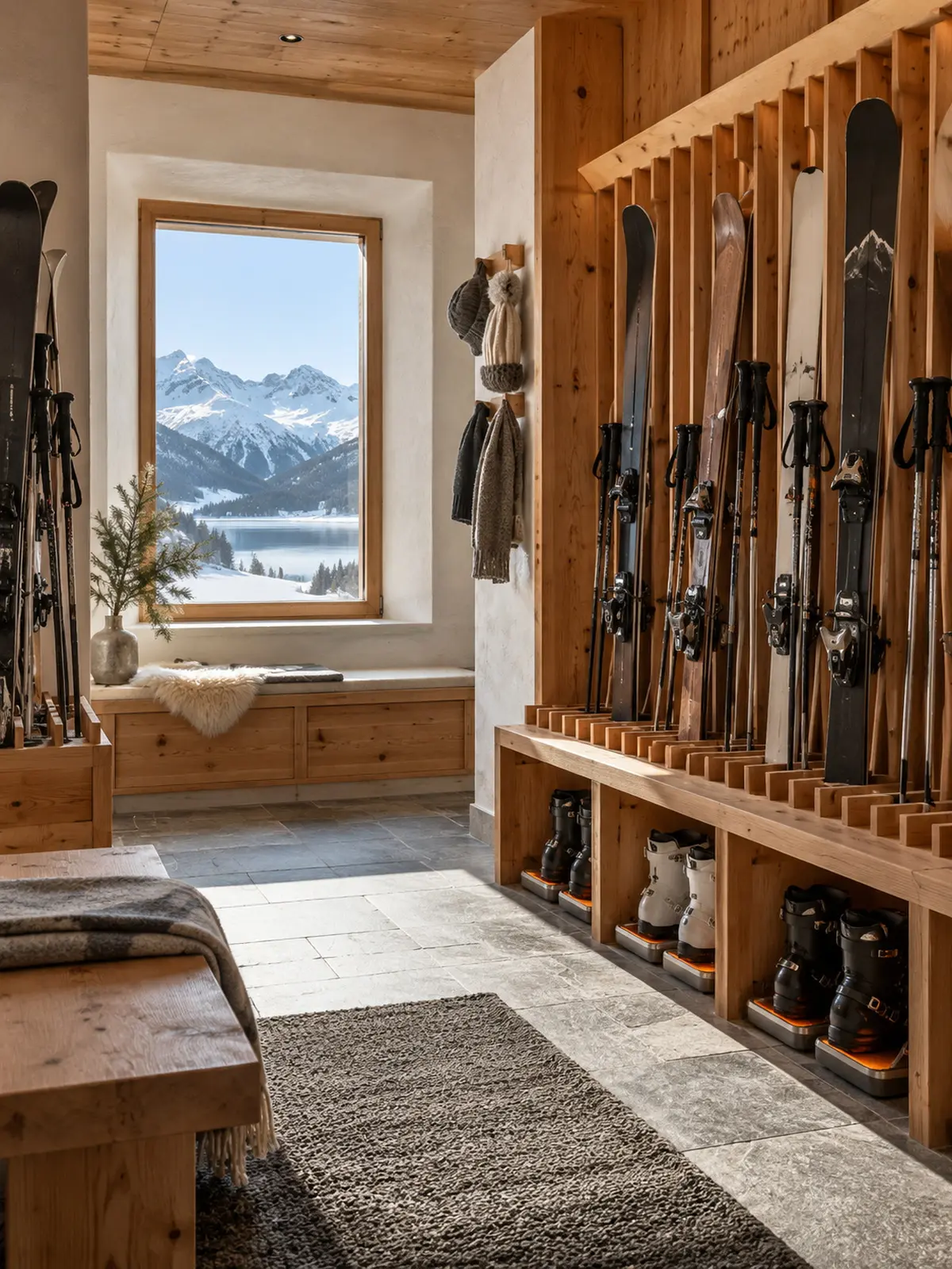 Skis in larch racks and boot warmers in the ski room