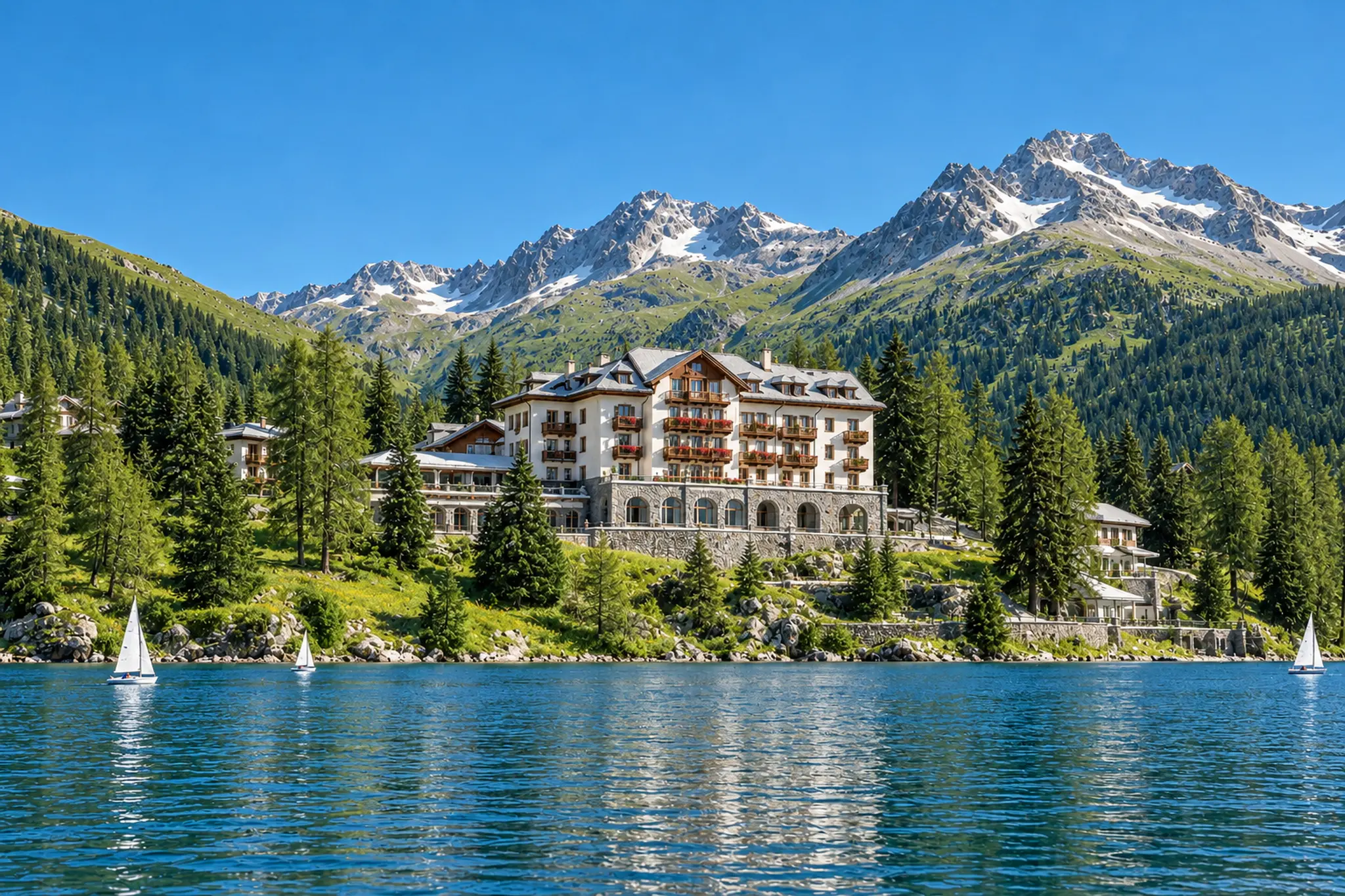 The hotel above the blue lake in July