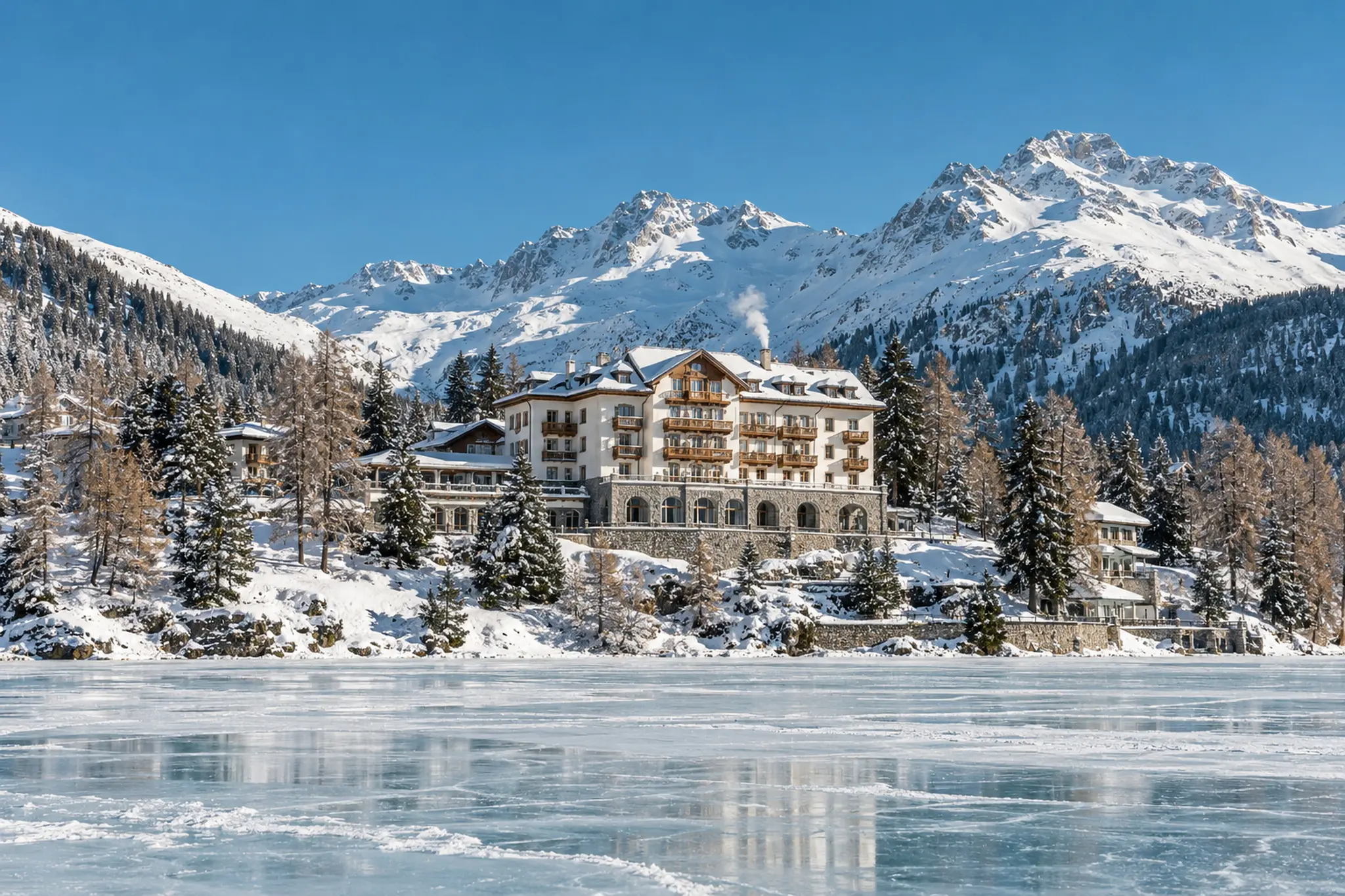 The hotel on the slope above frozen Lake St. Moritz on a clear winter morning, snowy peaks behind
