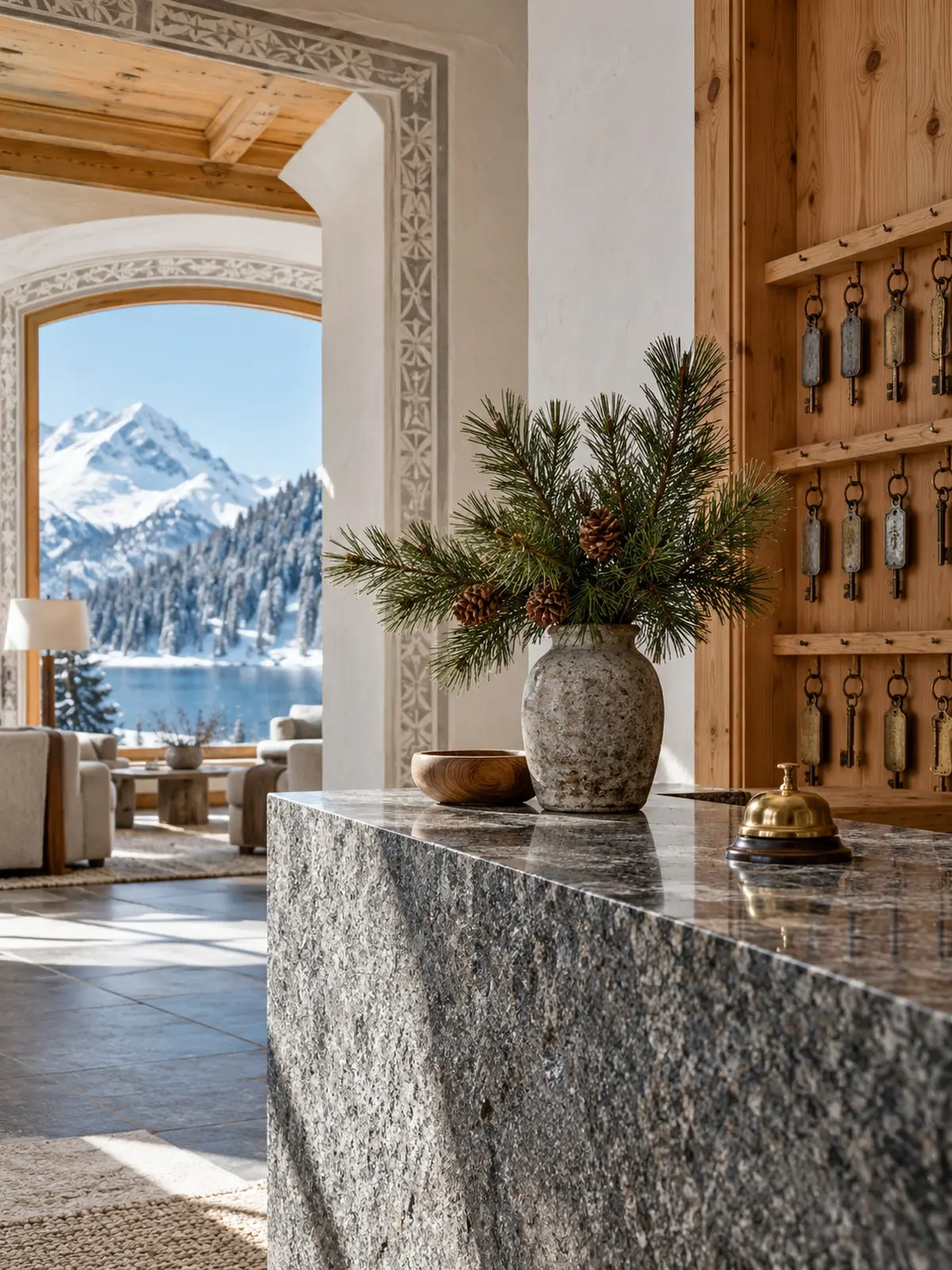 The reception: a granite desk with a brass bell, stone-pine branches and old room keys on larch hooks
