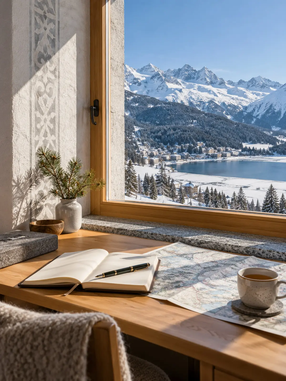 A stone-pine writing desk with a notebook, a trail map of the Engadin and a cup of tea