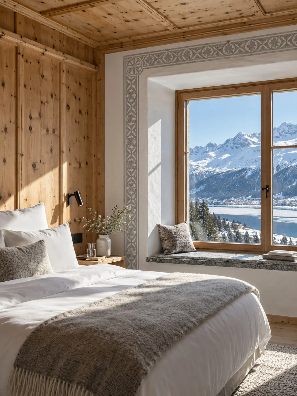 A made bed in white linen, morning light across it from a deep window, peaks outside