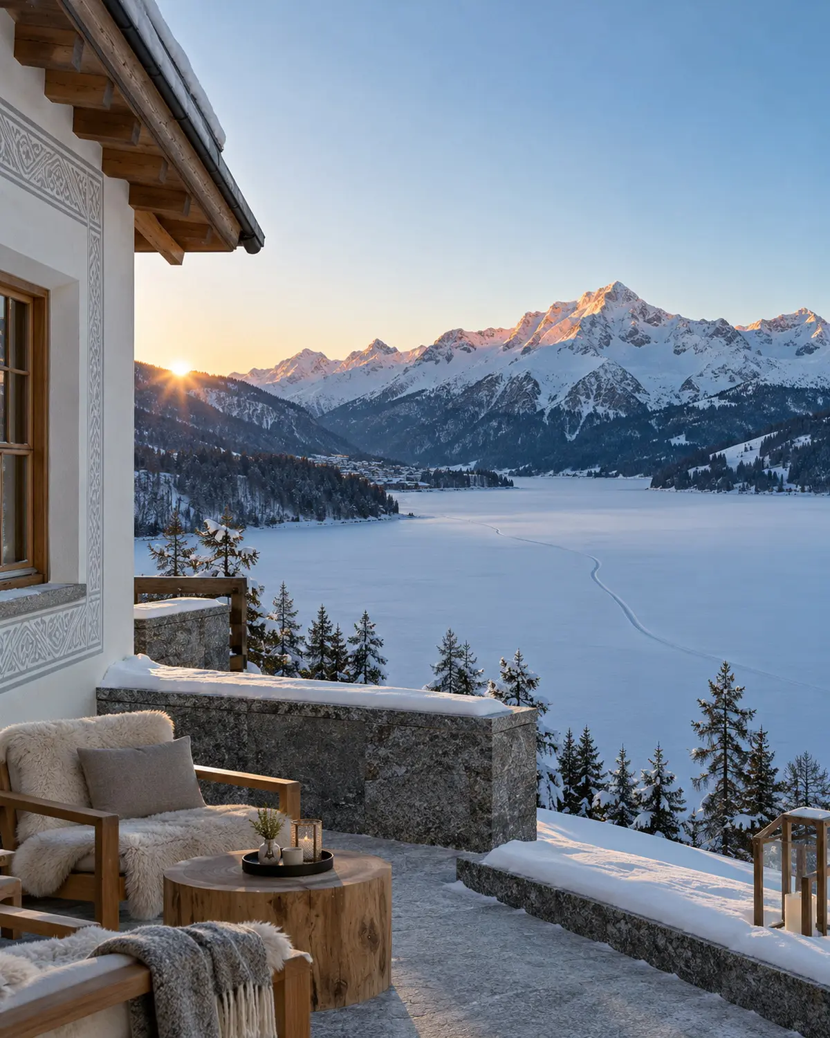 Sunrise over the frozen lake seen from a hotel terrace, peaks turning pink