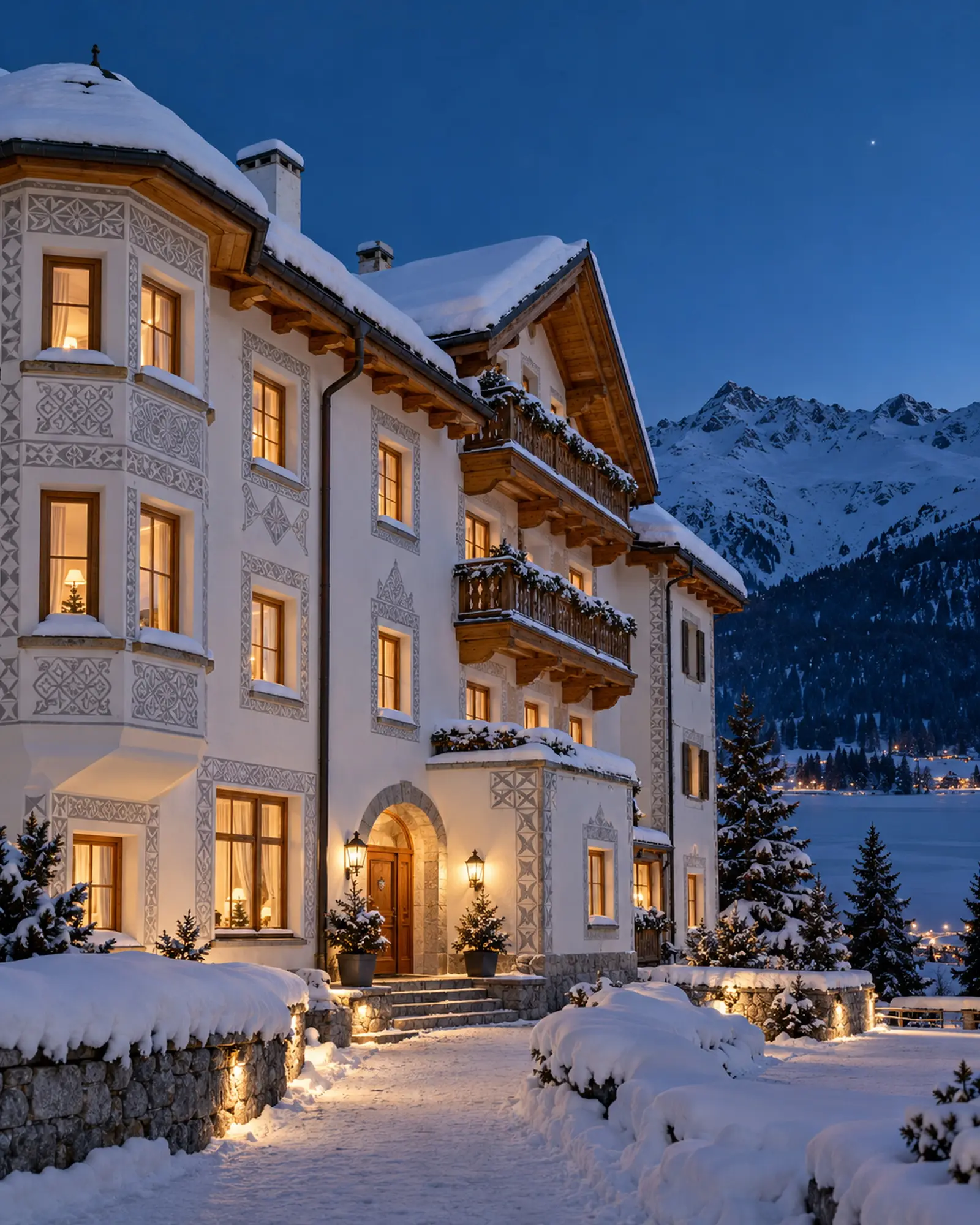 The hotel façade at blue hour, every window lit, snow on the roof