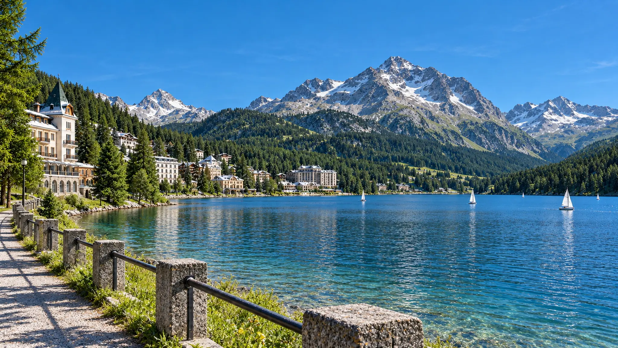 Lake St. Moritz in summer: blue water, sailboats, green larch forests