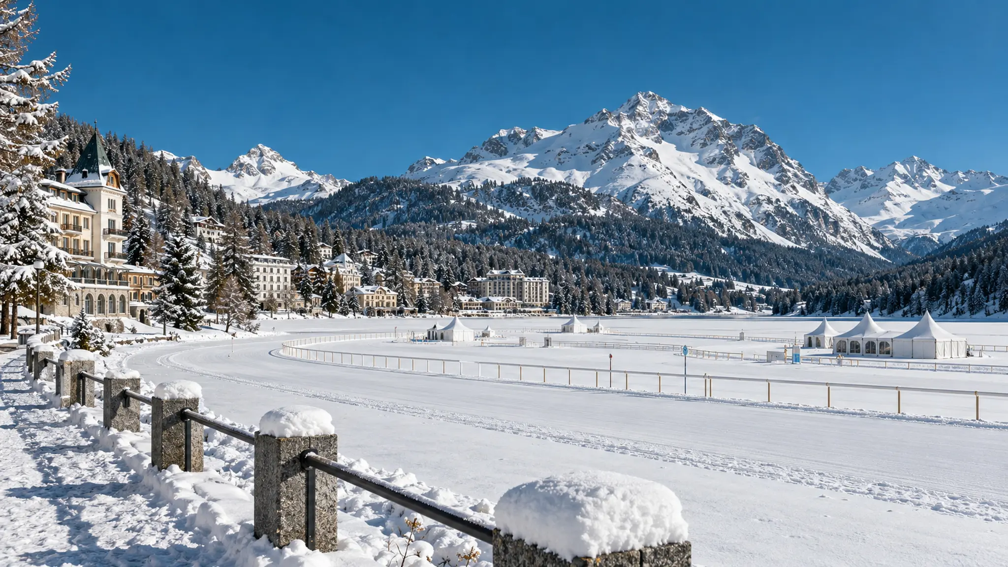 The same view in winter: the lake frozen white with race tents on the ice
