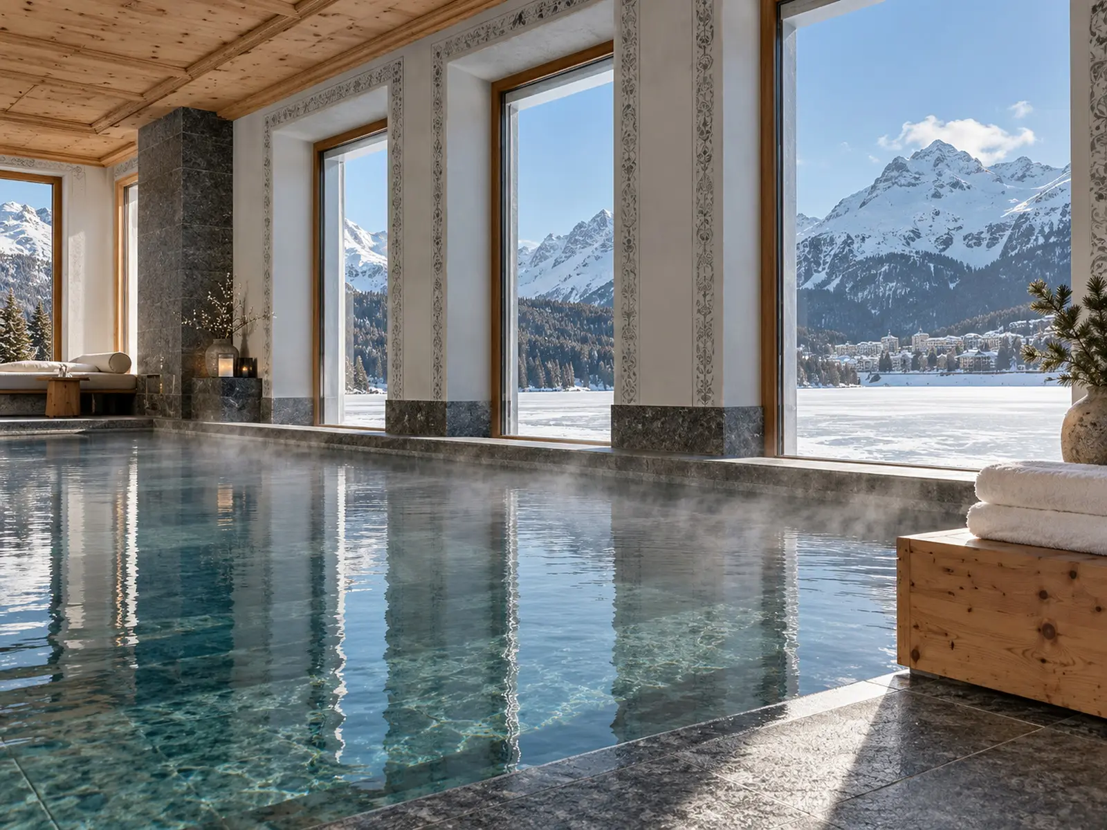 The indoor pool in grey granite, tall windows onto the snowy lake and peaks, steam on the water
