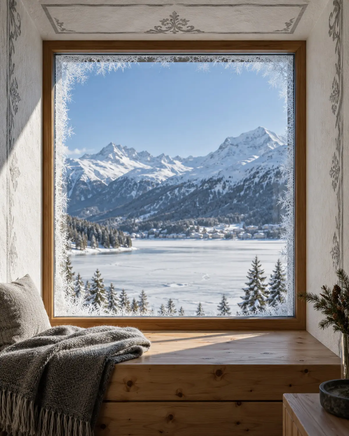A frosted window with a stone-pine seat, the frozen lake and peaks bright outside