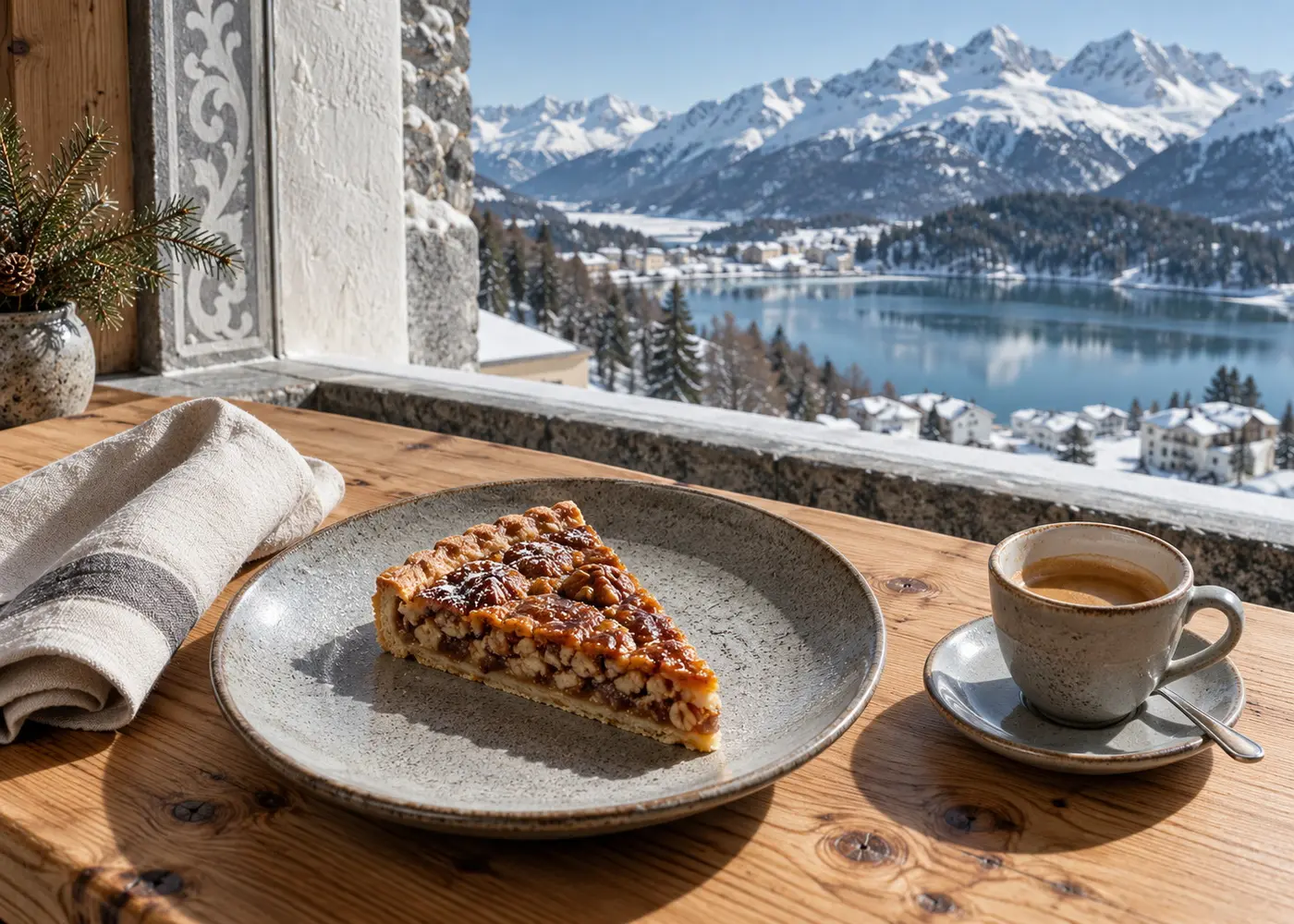 A slice of walnut tart and a small coffee on a stone-pine table