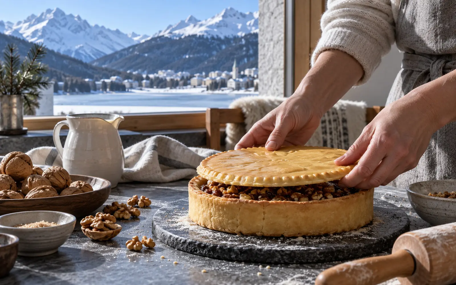 Hands pressing the pastry lid onto a walnut tart