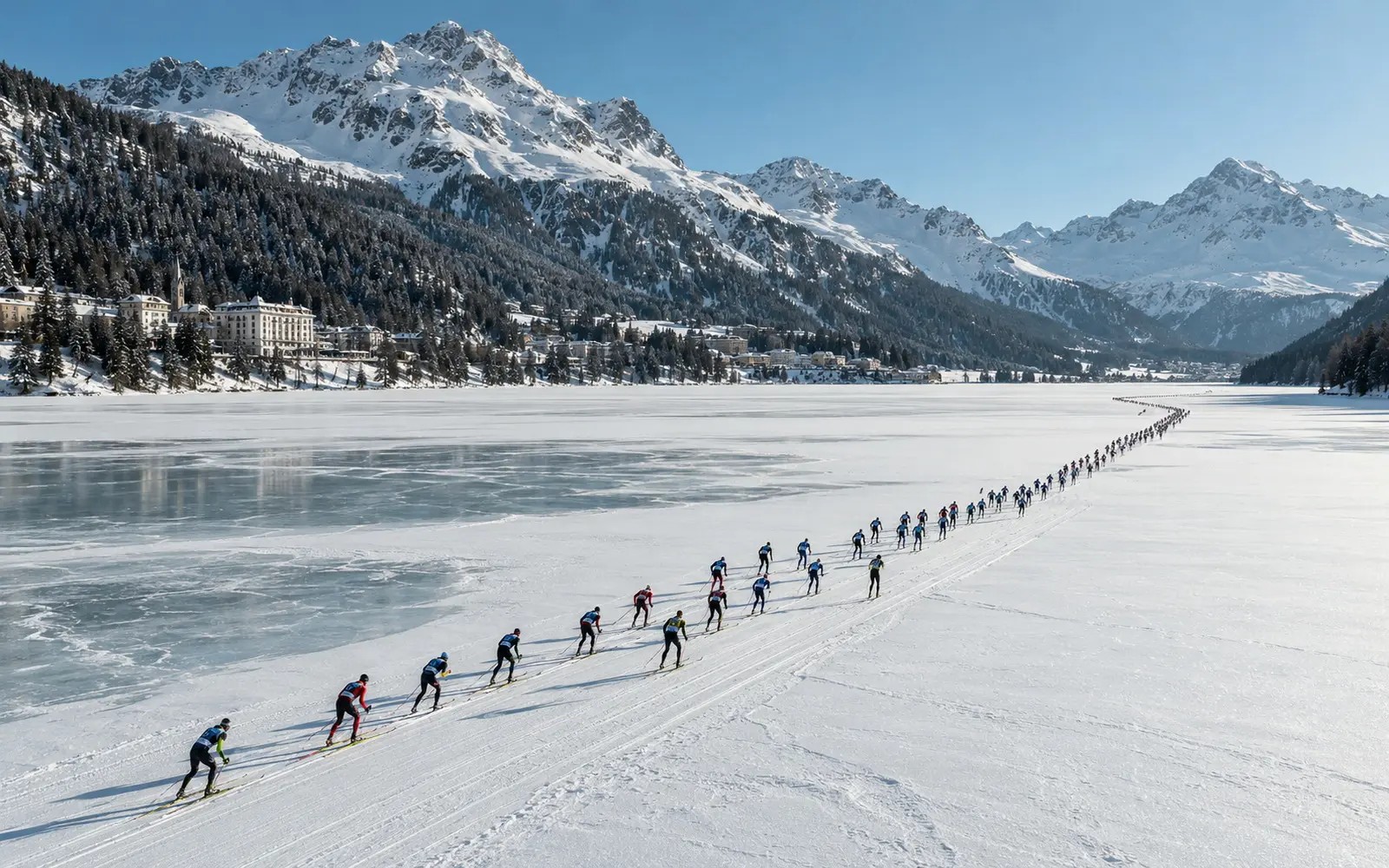 A long line of cross-country skiers crossing a frozen lake