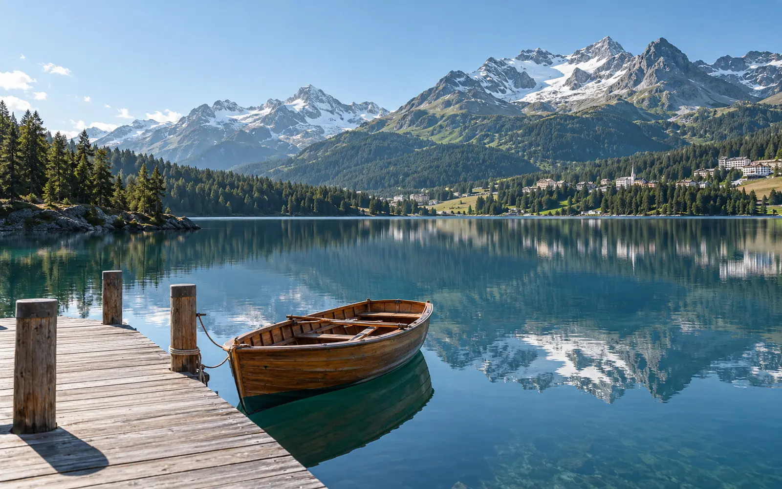 A wooden jetty and a rowing boat on the calm lake on a summer morning