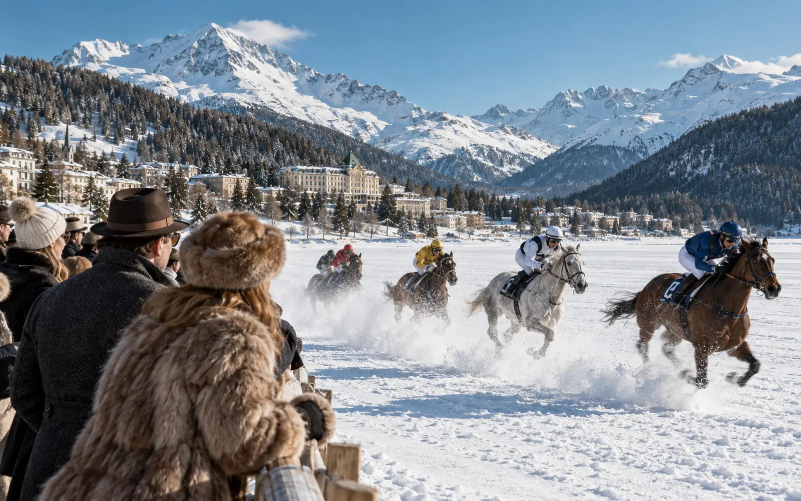 Spectators in fur hats watching horses race across the frozen lake