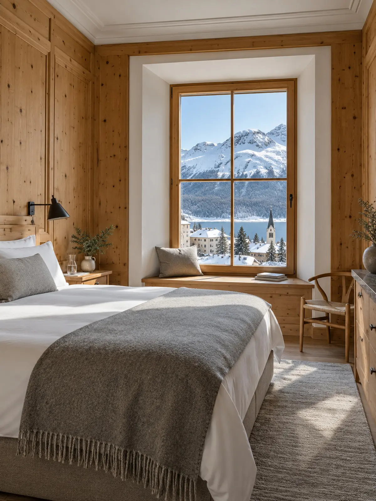Arve Room: Panelled in stone pine, over the village roofs.