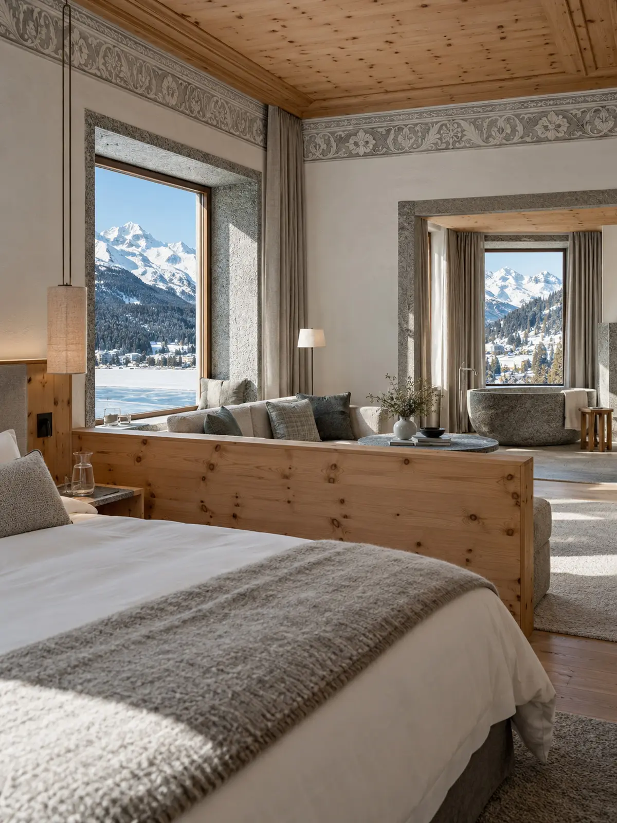 Corviglia Junior Suite: A stone bathtub facing the ski slopes.
