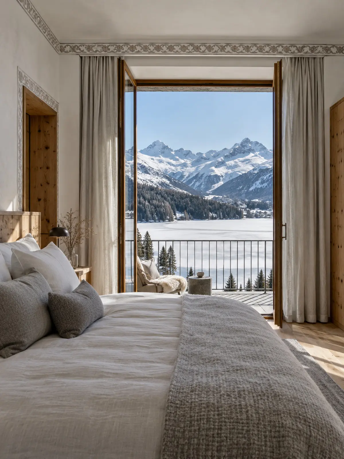 Lake Room: A balcony over the lake, frozen or blue.
