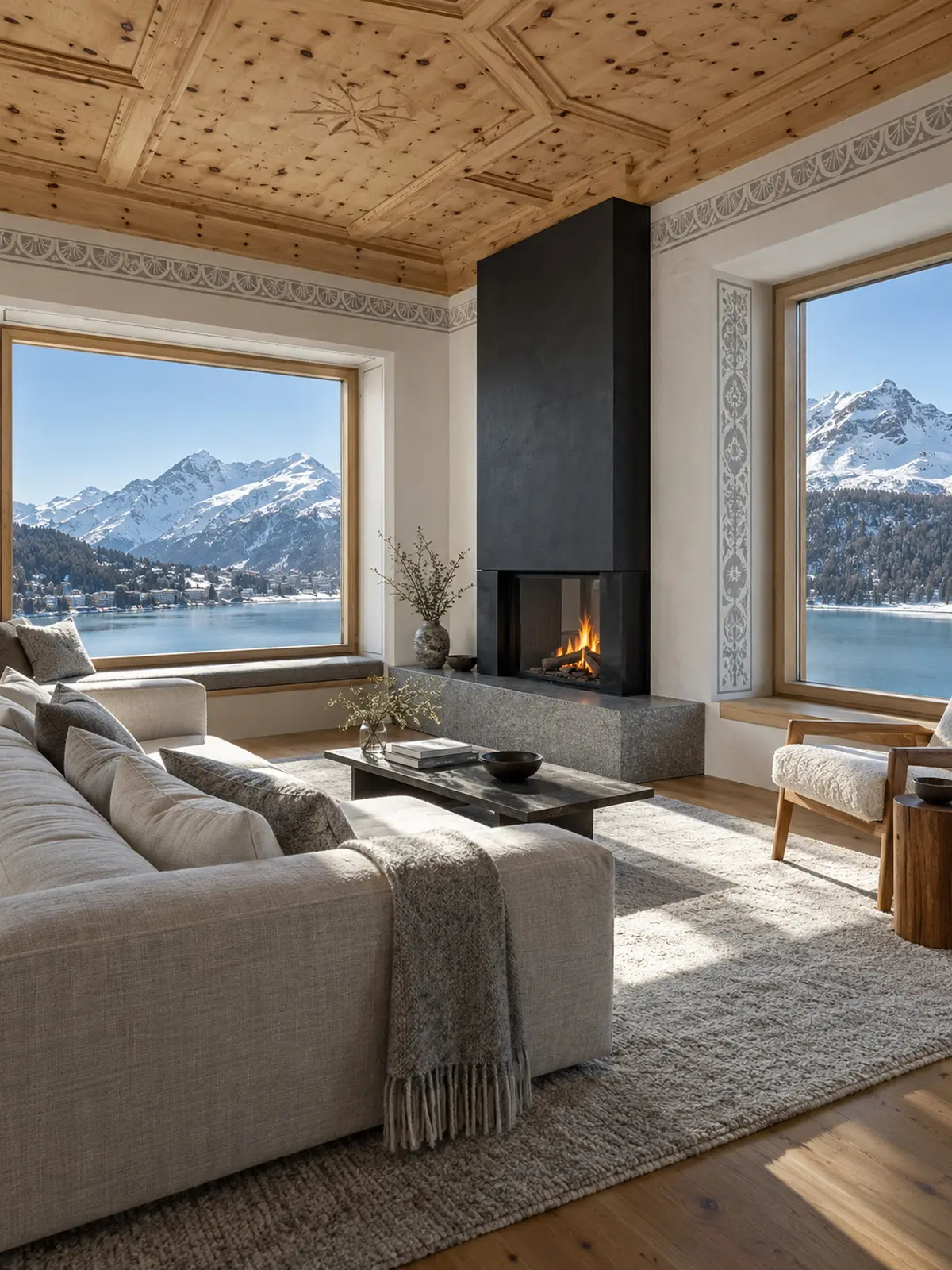 Muottas Suite: A corner suite with a fire and two views.
