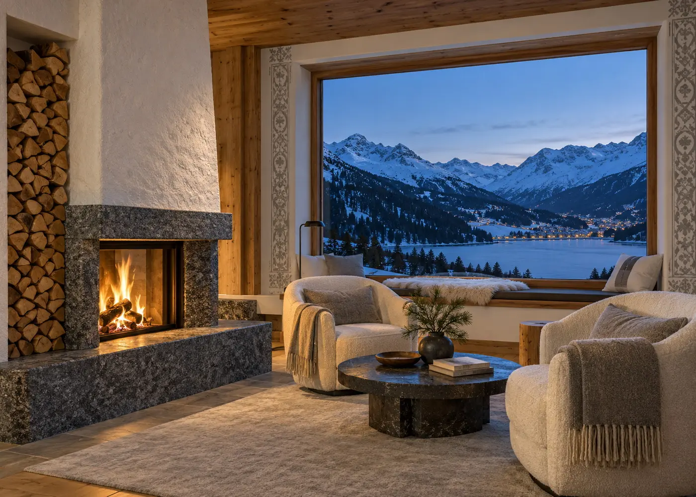 The fireplace in the Muottas Suite at dusk