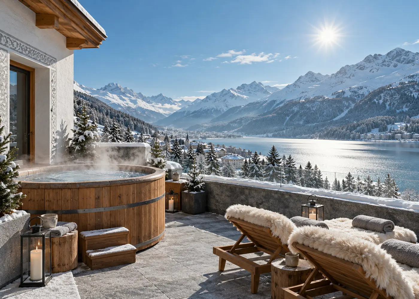 The penthouse hot tub with the valley below