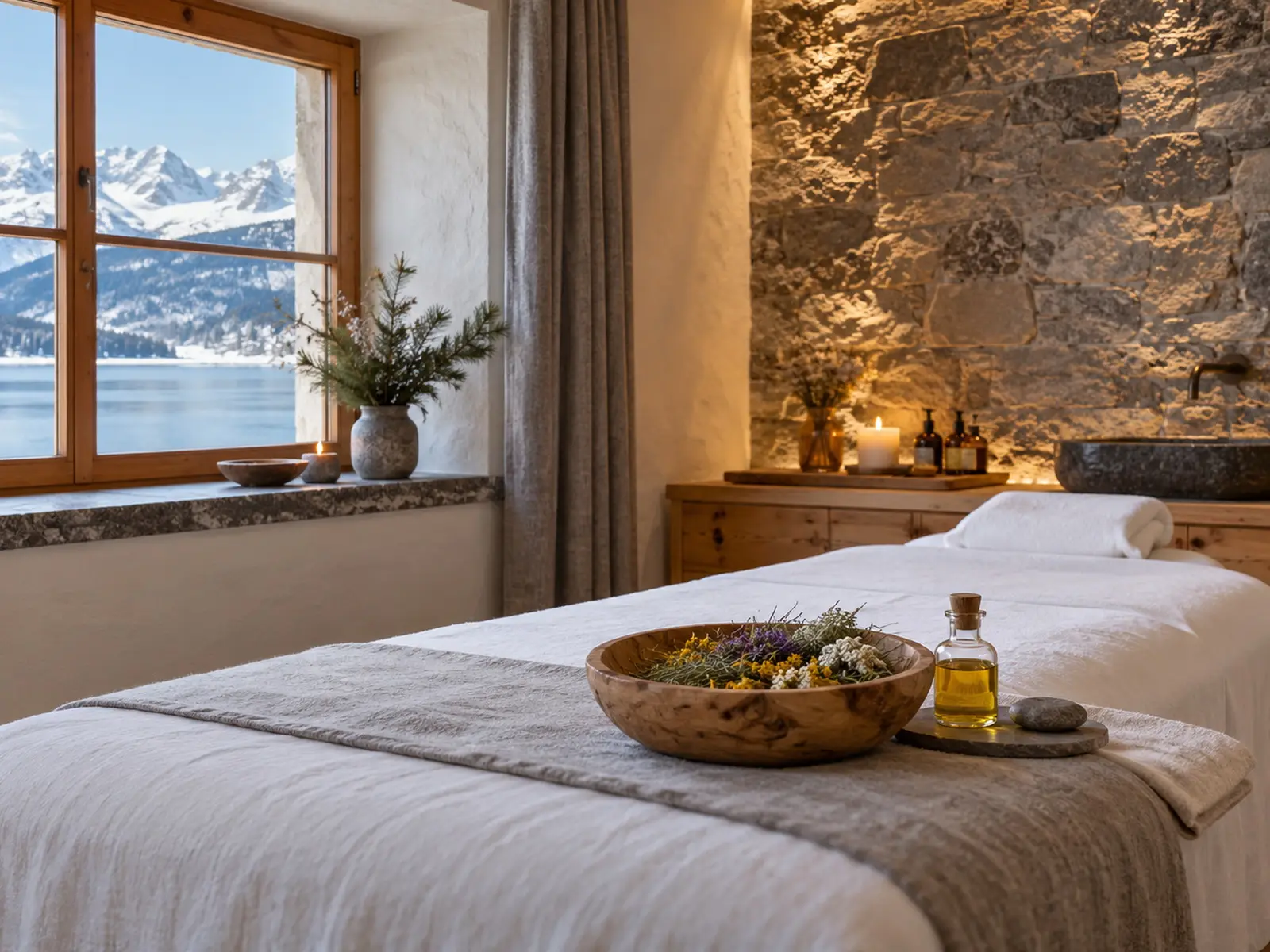 A treatment room with a massage table, hay flowers and stone-pine oil